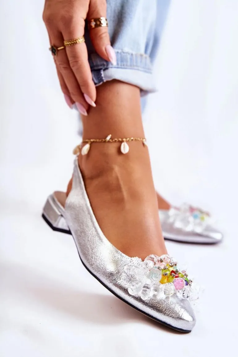 Skórzane Baleriny Na Obcasie Z Ozdobą Srebrne Elenie