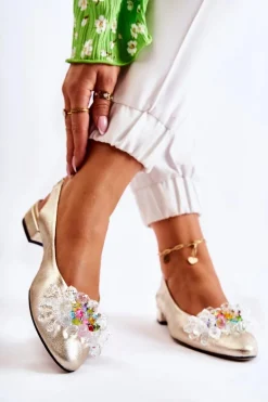 Skórzane Baleriny Na Obcasie Z Ozdobą Złote Elenie