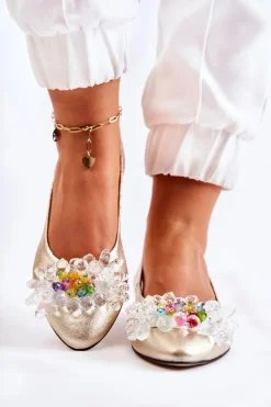 Skórzane Baleriny Na Obcasie Z Ozdobą Złote Elenie