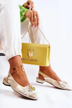 Skórzane Baleriny Na Obcasie Z Ozdobą Złote Elenie