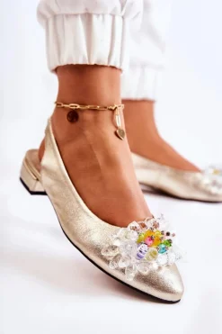 Skórzane Baleriny Na Obcasie Z Ozdobą Złote Elenie