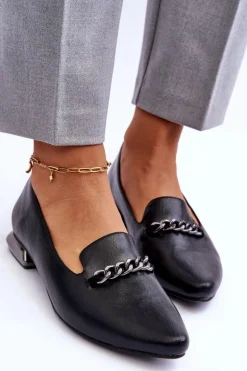 Skórzane Baleriny Na Płaskim Obcasie Z Łańcuchem Czarne Lanez