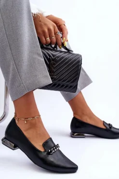 Skórzane Baleriny Na Płaskim Obcasie Z Łańcuchem Czarne Lanez