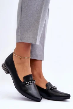 Skórzane Baleriny Na Płaskim Obcasie Z Łańcuchem Czarne Lanez