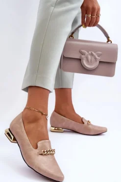 Skórzane Baleriny Na Płaskim Obcasie Z Łańcuchem Beżowe Lanez