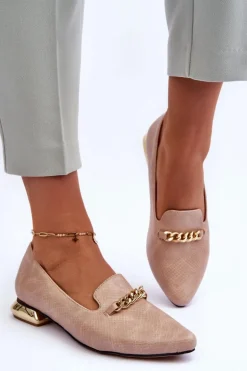 Skórzane Baleriny Na Płaskim Obcasie Z Łańcuchem Beżowe Lanez