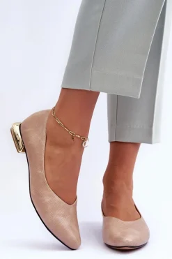 Skórzane Baleriny Na Płaskim Obcasie Beżowe Vaani
