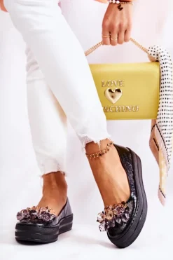 Skórzane Baleriny Na Platformie Z Ozdobą Czarne Beriette