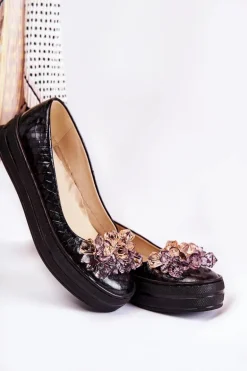 Skórzane Baleriny Na Platformie Z Ozdobą Czarne Beriette