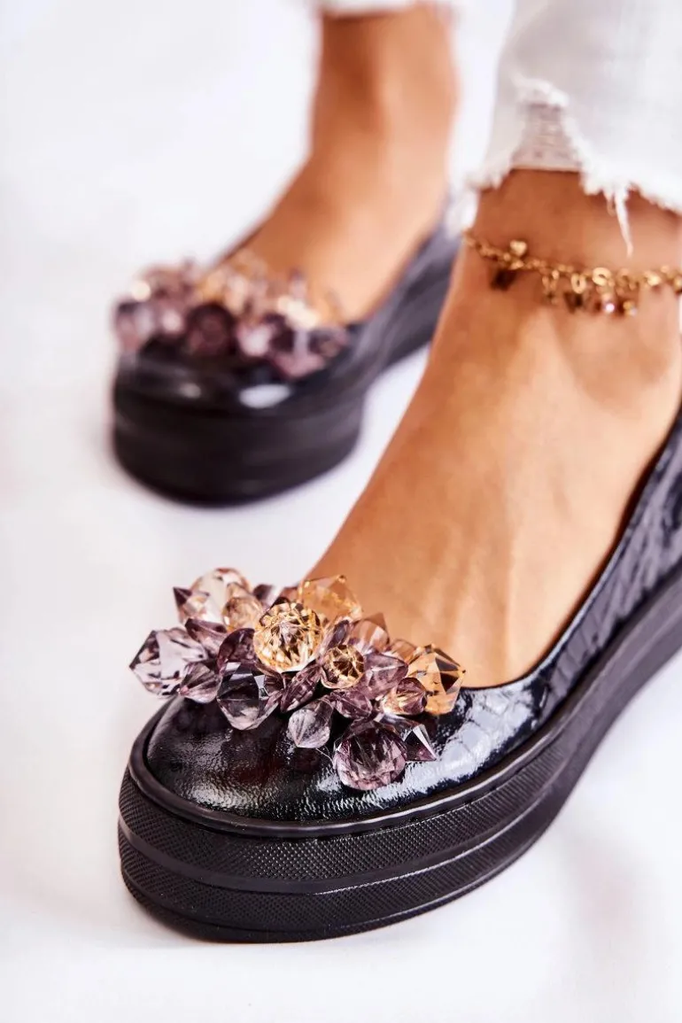 Skórzane Baleriny Na Platformie Z Ozdobą Czarne Beriette