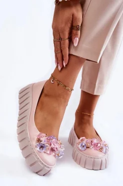 Skórzane Baleriny Na Platformie Z Kolorową Ozdobą Różowe Ladette