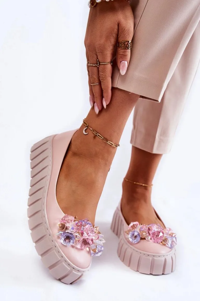 Skórzane Baleriny Na Platformie Z Kolorową Ozdobą Różowe Ladette