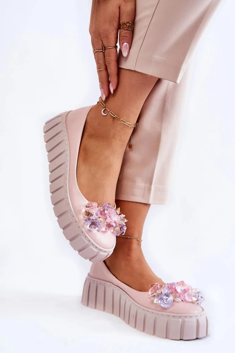 Skórzane Baleriny Na Platformie Z Kolorową Ozdobą Różowe Ladette