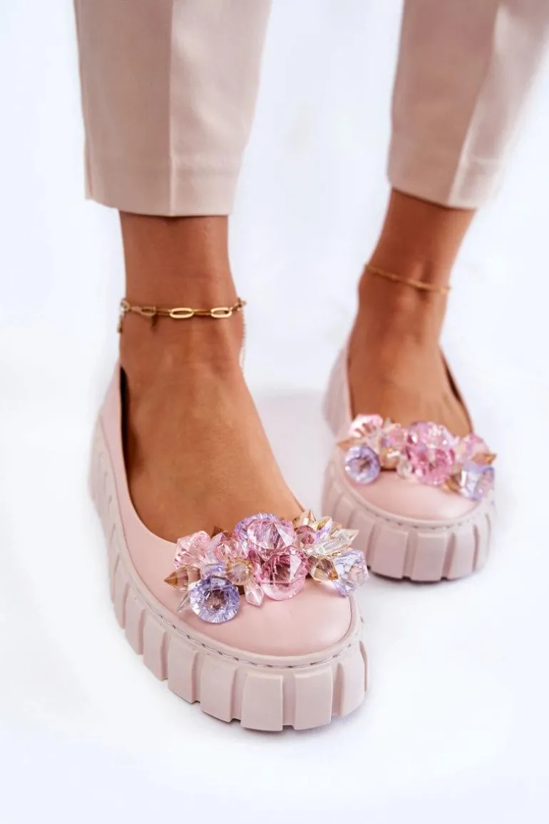 Skórzane Baleriny Na Platformie Z Kolorową Ozdobą Różowe Ladette