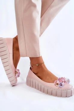 Skórzane Baleriny Na Platformie Z Kolorową Ozdobą Różowe Ladette
