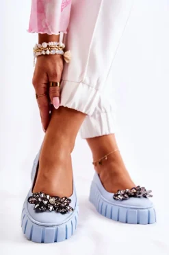 Skórzane Baleriny Na Platformie Z Ozdobą Niebieskie Ladette