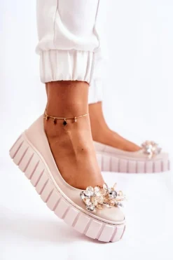 Skórzane Baleriny Na Platformie Z Ozdobą Beżowe Ladette