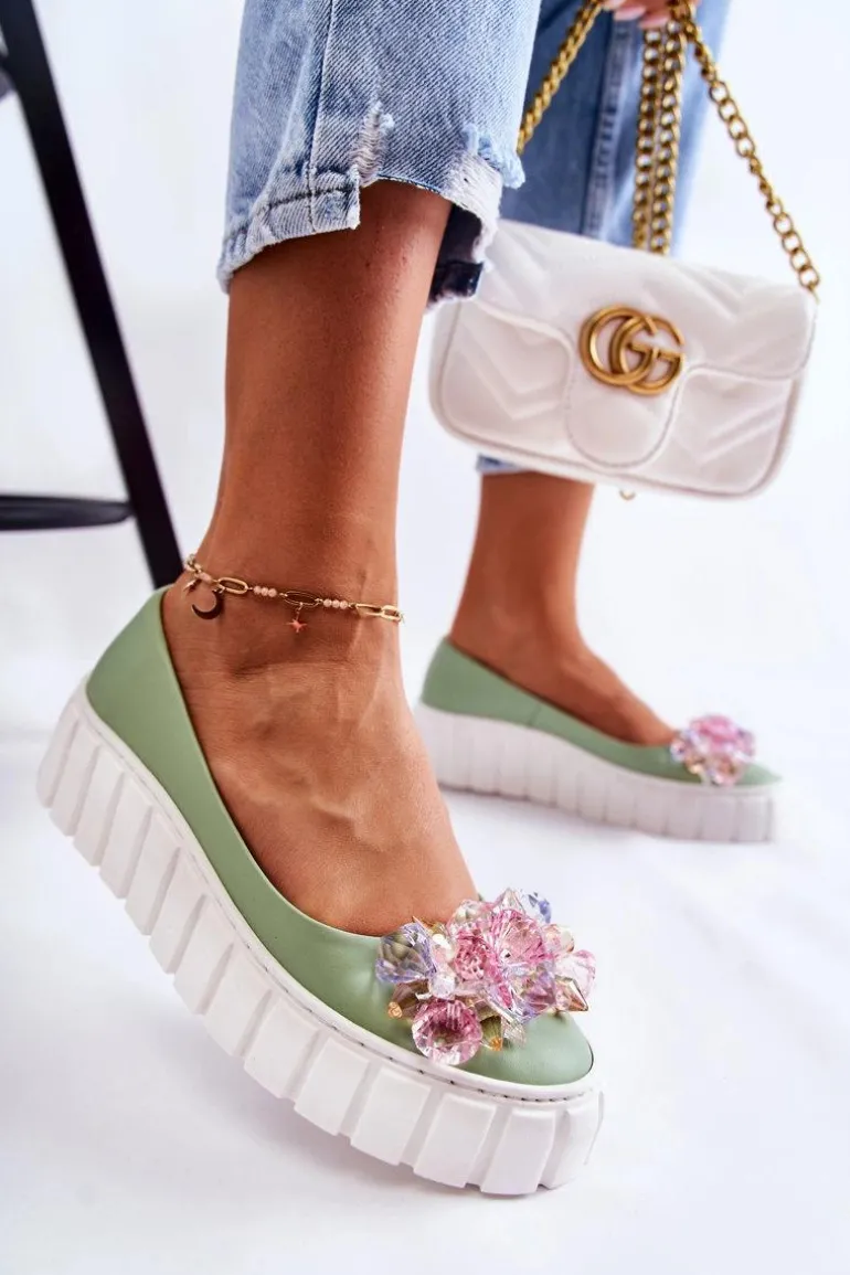 Skórzane Baleriny Na Platformie Z Kolorową Ozdobą Zielone Ladette