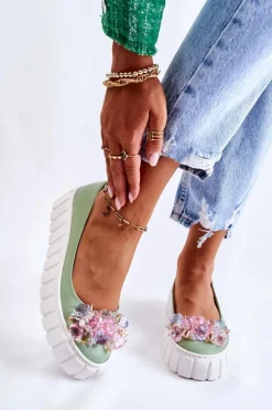 Skórzane Baleriny Na Platformie Z Kolorową Ozdobą Zielone Ladette