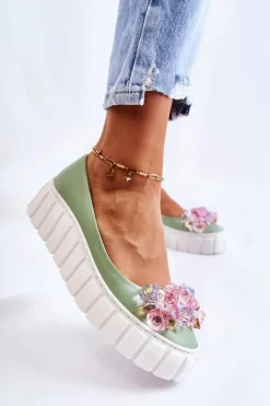 Skórzane Baleriny Na Platformie Z Kolorową Ozdobą Zielone Ladette