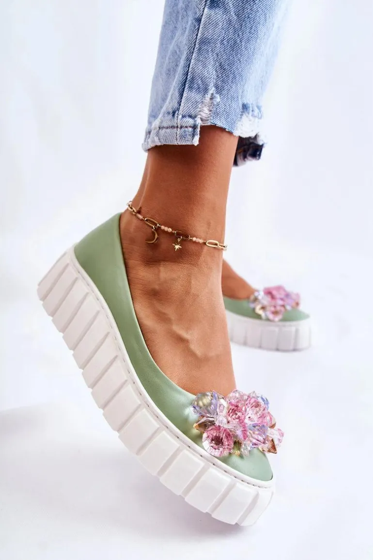 Skórzane Baleriny Na Platformie Z Kolorową Ozdobą Zielone Ladette