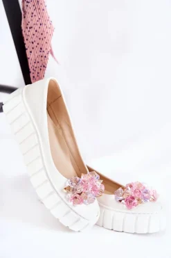 Skórzane Baleriny Na Platformie Z Kolorową Ozdobą Białe Ladette