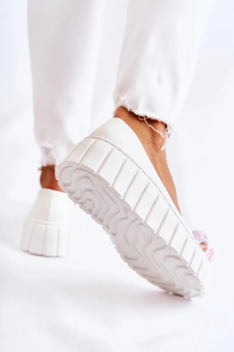 Skórzane Baleriny Na Platformie Z Kolorową Ozdobą Białe Ladette