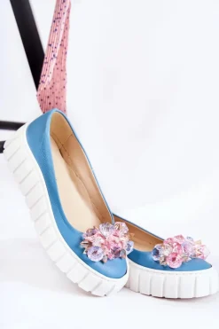 Skórzane Baleriny Na Platformie Z Ozdobą Niebiesko-Białe Ladette