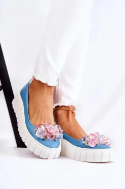 Skórzane Baleriny Na Platformie Z Ozdobą Niebiesko-Białe Ladette