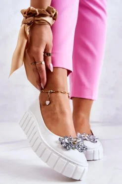 Skórzane Baleriny Na Platformie Z Ozdobą Białe Ladette