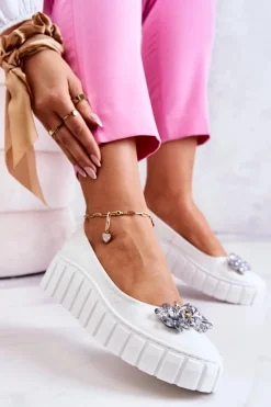 Skórzane Baleriny Na Platformie Z Ozdobą Białe Ladette