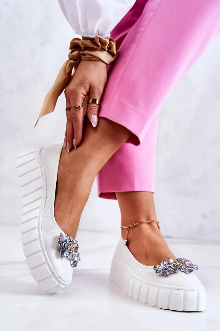 Skórzane Baleriny Na Platformie Z Ozdobą Białe Ladette