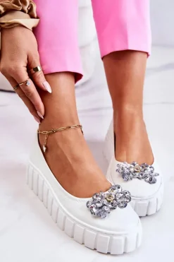 Skórzane Baleriny Na Platformie Z Ozdobą Białe Ladette