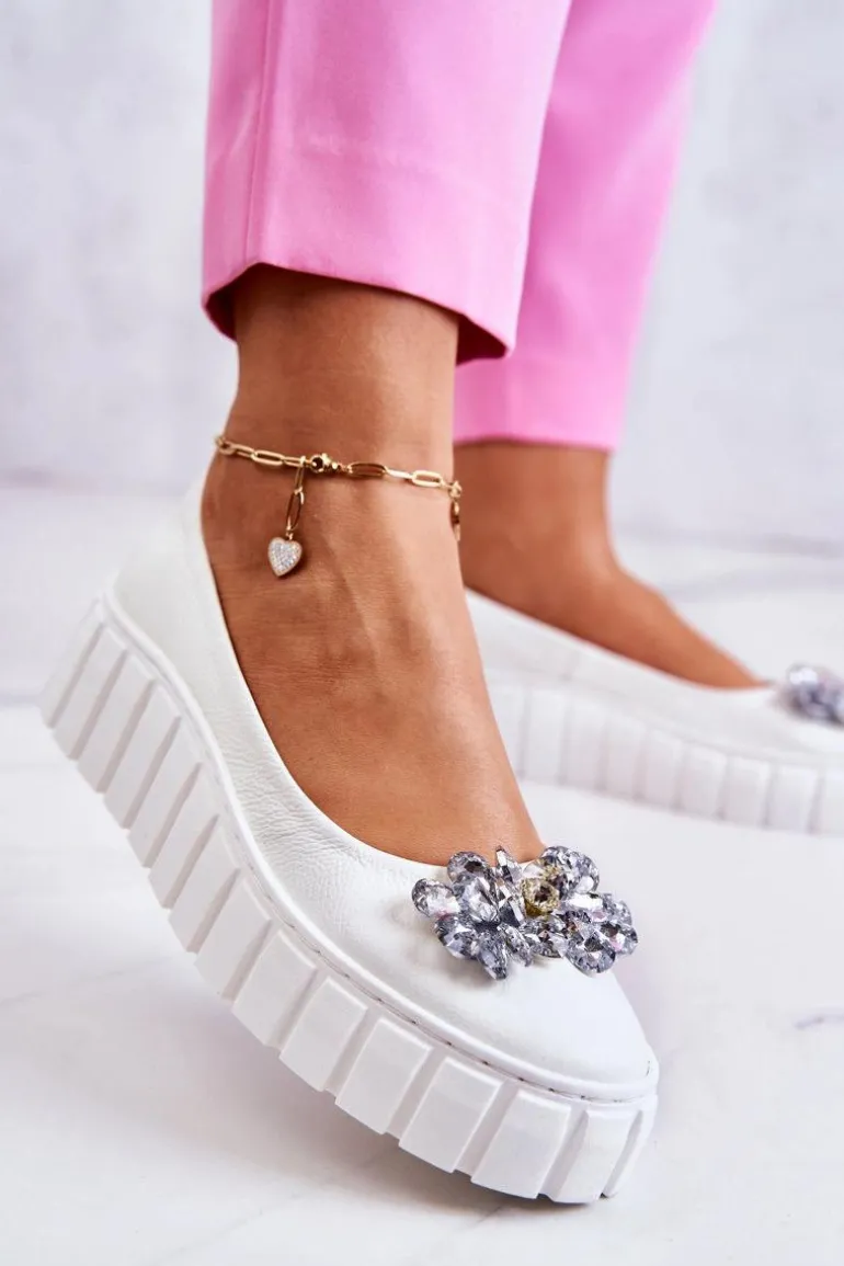 Skórzane Baleriny Na Platformie Z Ozdobą Białe Ladette