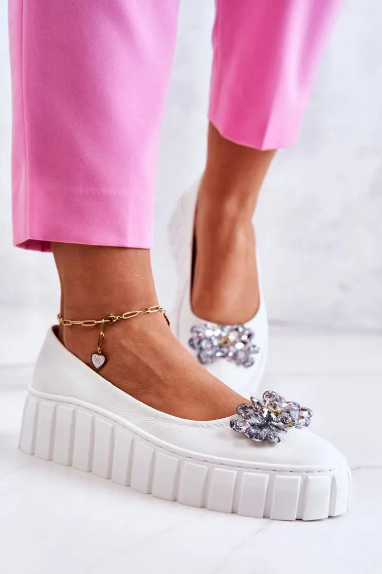 Skórzane Baleriny Na Platformie Z Ozdobą Białe Ladette