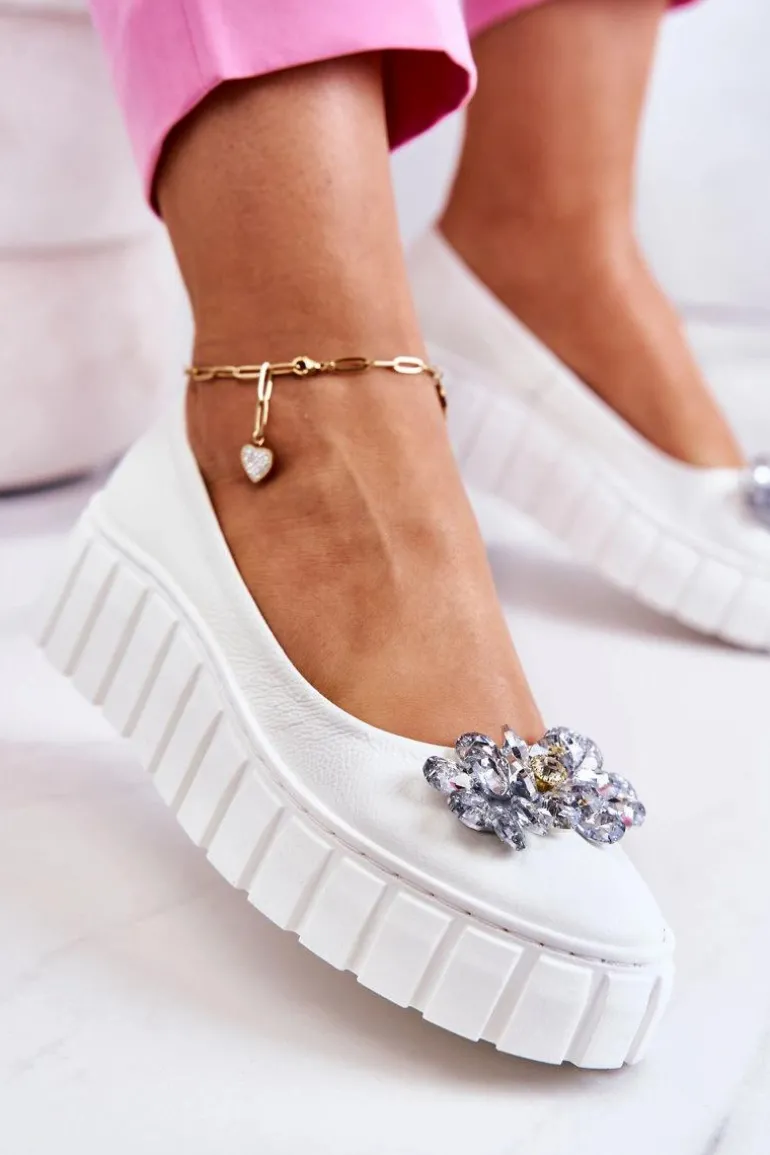 Skórzane Baleriny Na Platformie Z Ozdobą Białe Ladette