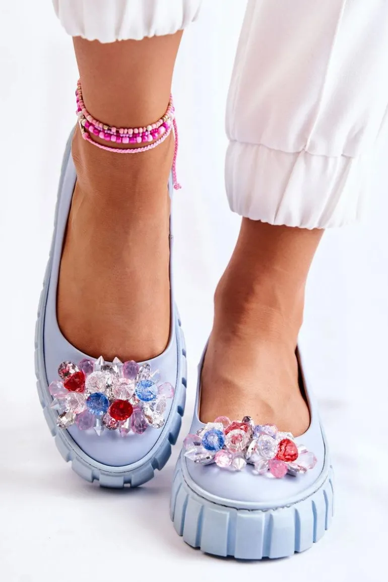 Skórzane Baleriny Na Platformie Z Kolorową Ozdobą Niebieskie Ladette
