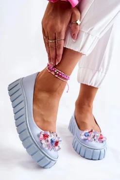 Skórzane Baleriny Na Platformie Z Kolorową Ozdobą Niebieskie Ladette