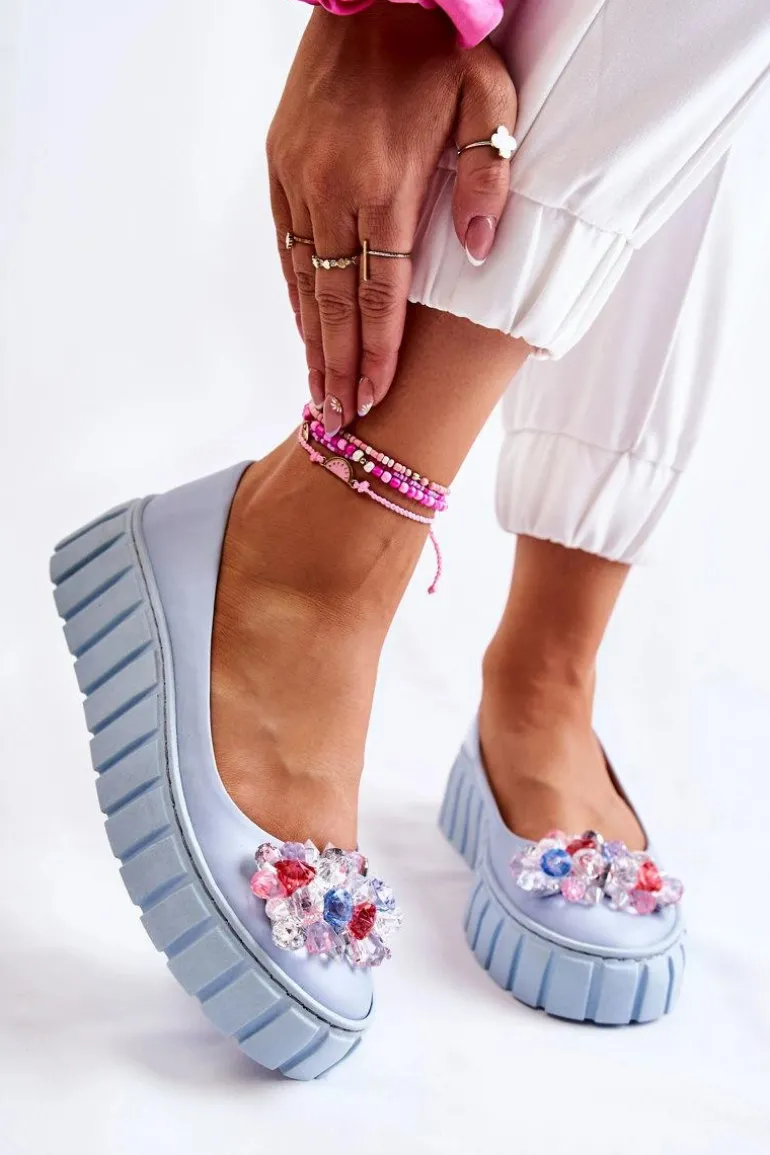 Skórzane Baleriny Na Platformie Z Kolorową Ozdobą Niebieskie Ladette