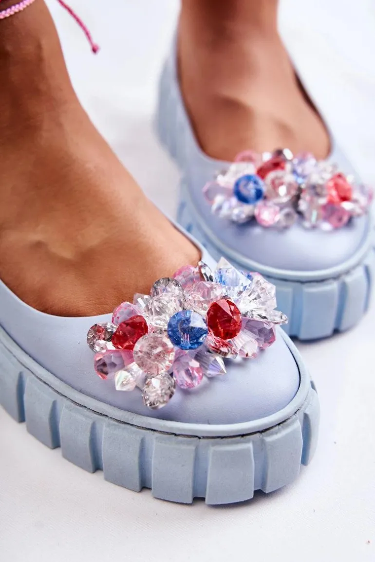 Skórzane Baleriny Na Platformie Z Kolorową Ozdobą Niebieskie Ladette