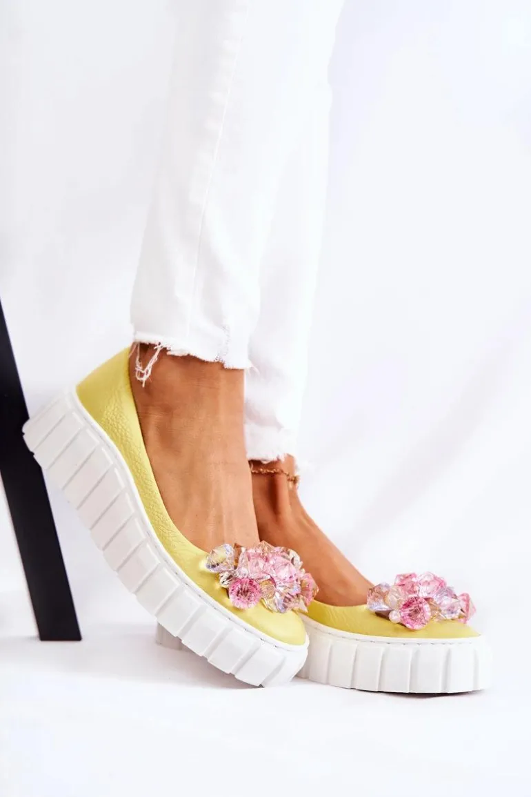 Skórzane Baleriny Na Platformie Z Kolorową Ozdobą Żółte Ladette