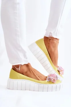 Skórzane Baleriny Na Platformie Z Kolorową Ozdobą Żółte Ladette