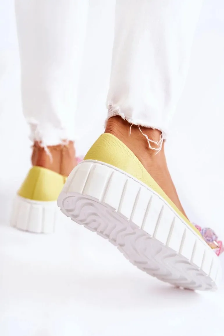 Skórzane Baleriny Na Platformie Z Kolorową Ozdobą Żółte Ladette