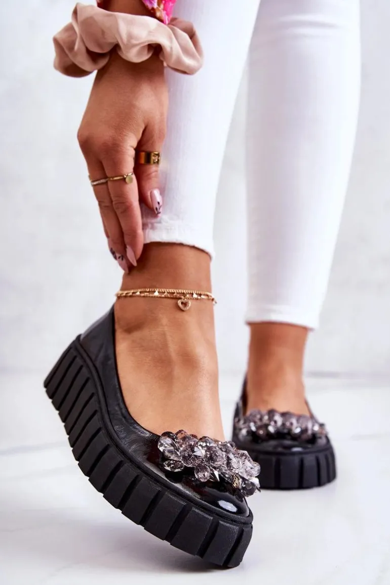 Skórzane Baleriny Na Platformie Z Ozdobą Czarne Ladette