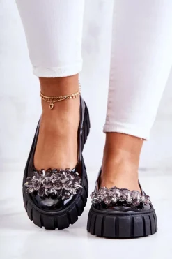 Skórzane Baleriny Na Platformie Z Ozdobą Czarne Ladette