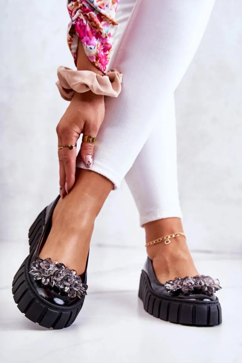 Skórzane Baleriny Na Platformie Z Ozdobą Czarne Ladette