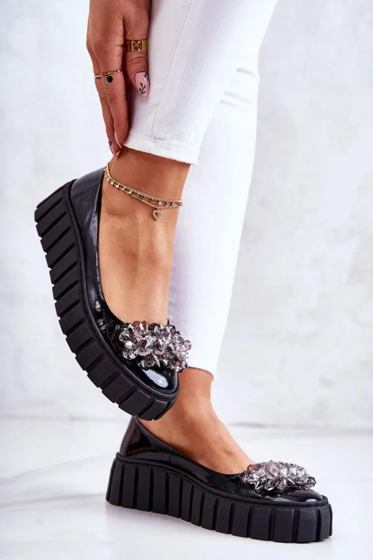 Skórzane Baleriny Na Platformie Z Ozdobą Czarne Ladette
