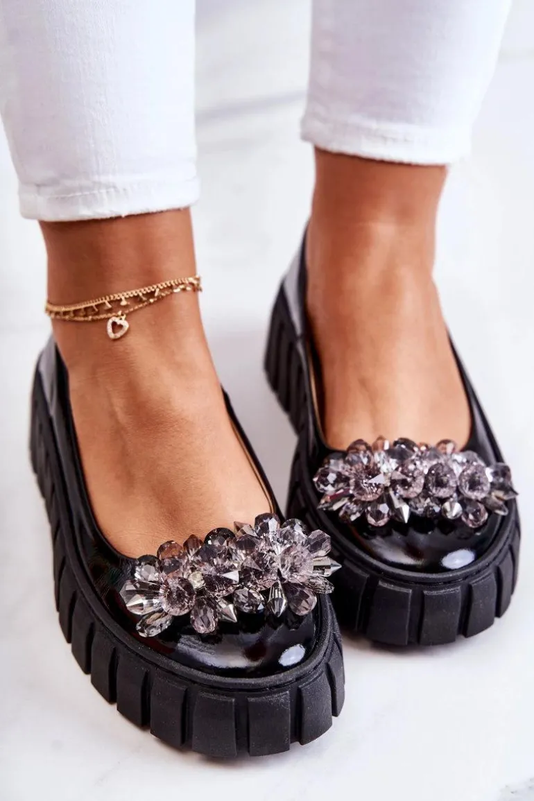 Skórzane Baleriny Na Platformie Z Ozdobą Czarne Ladette