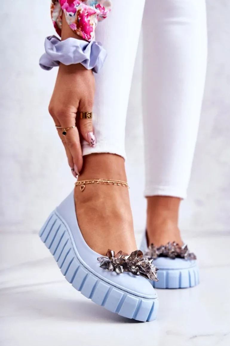 Skórzane Baleriny Na Platformie Z Ozdobą Jasnoniebieskie Ladette