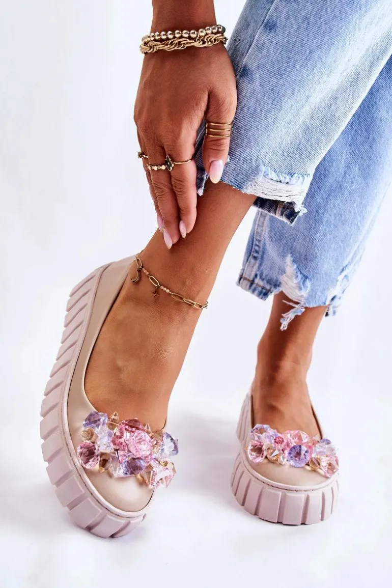 Skórzane Baleriny Na Platformie Z Kolorową Ozdobą Beżowe Ladette